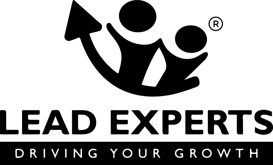 Black and white logo with two abstract human figures forming an upward arrow, above the text LEAD EXPERTS. Below, smaller text reads DRIVING YOUR GROWTH. - Lead Experts