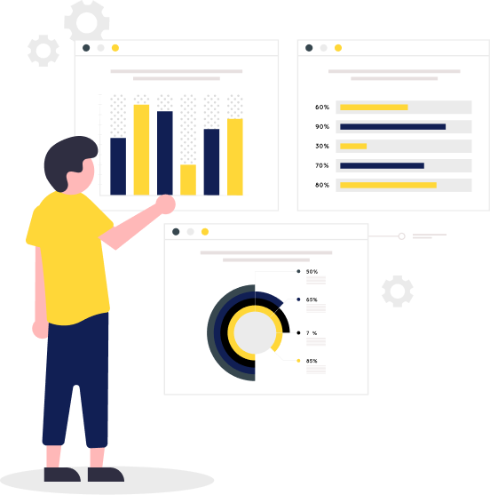 Illustration of a person in DELHI analyzing three data charts on a wall: a vertical bar chart, a horizontal bar chart, and a segmented circular chart, all in yellow, blue, and gray tones. - Lead Experts