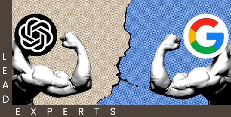 Two muscular arms with the OpenAI and Google logos flex across a cracked line, symbolizing competition—perfect for a SearchGPT announcement. The words LEAD EXPERTS appear down the left and bottom edges. - Lead Experts