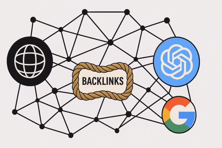 Illustration showing a network web connecting icons of the internet, OpenAI, and Google, with a rope labeled "baclinks" in the center, symbolizing how baclinks connect websites across the digital landscape. - Lead Experts