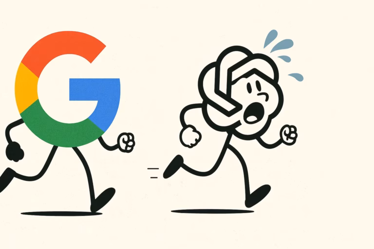 Cartoon of the Google G logo as a person chasing a scared, running AI chatbot character labeled "AI SEO," who is sweating and looking back in fear. The background is simple and light-colored. - Lead Experts