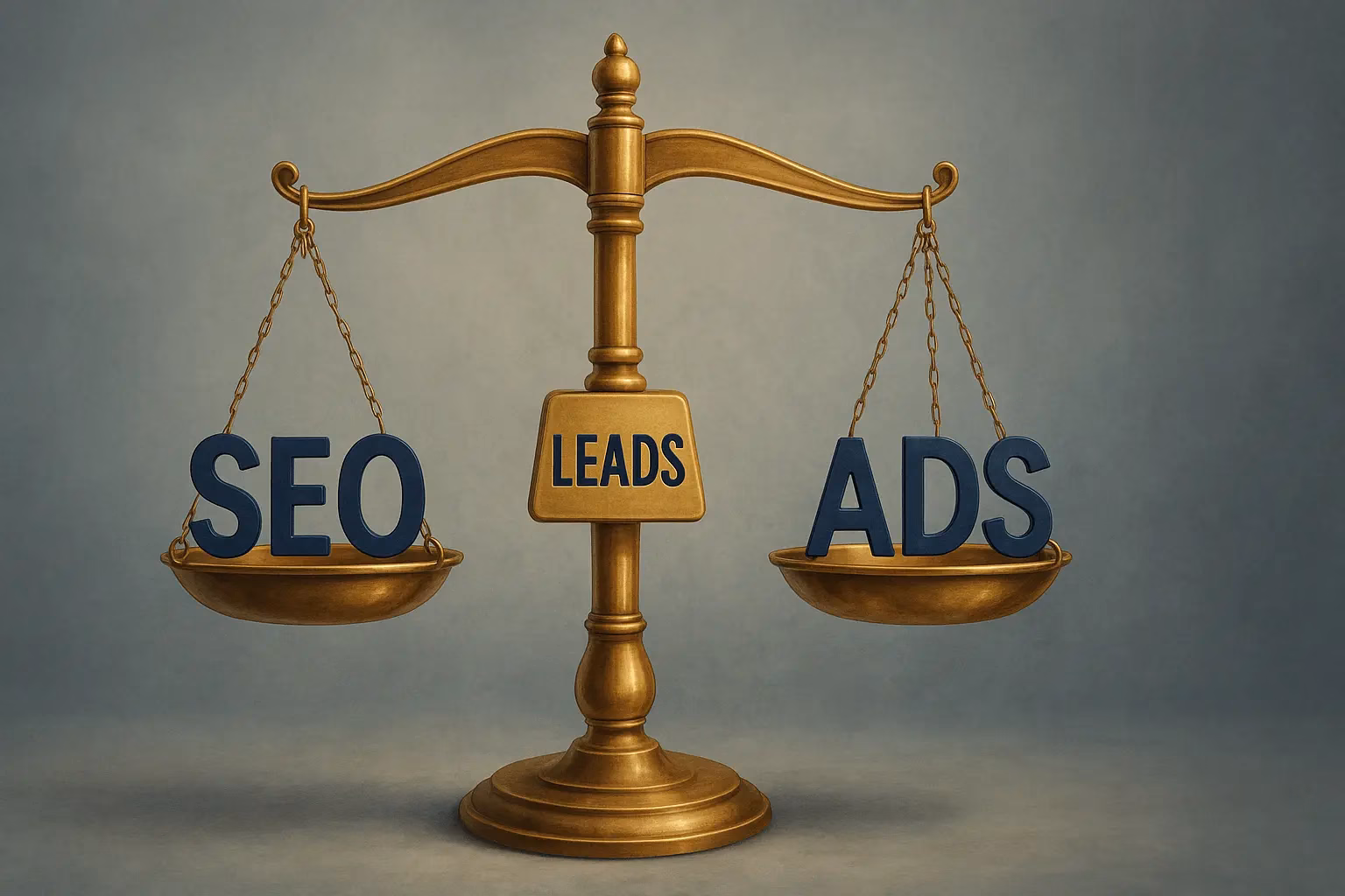A golden balance scale with SEO on the left, ADS on the right, and LEADS in the center, symbolizing the comparison between SEO and ads for generating business leads. - Lead Experts