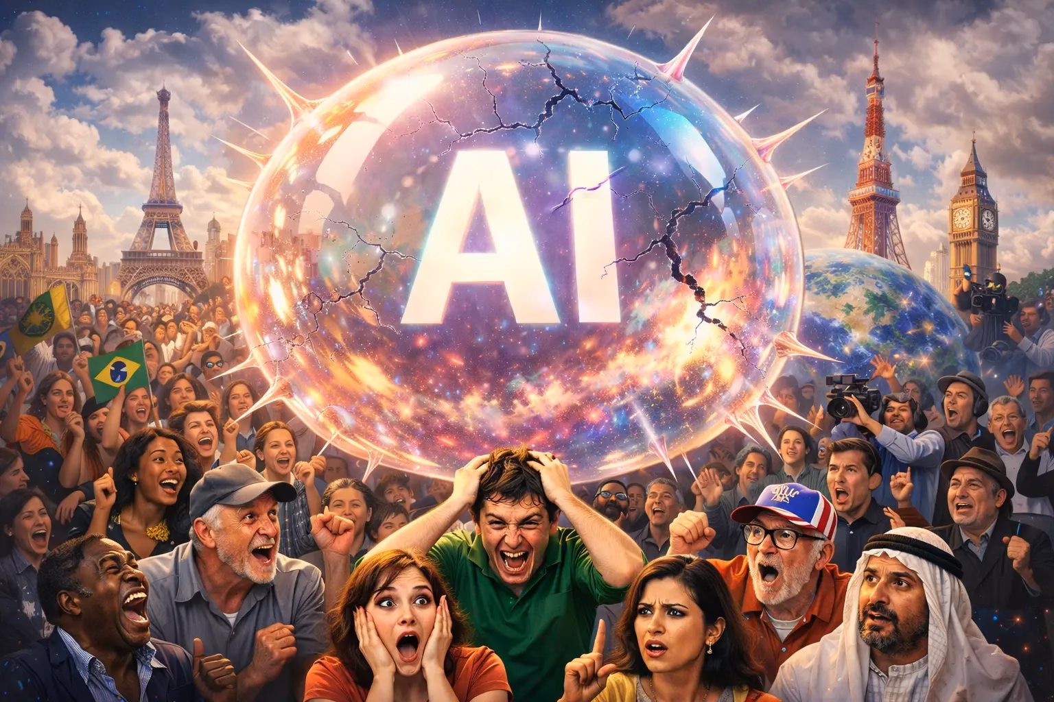 A diverse crowd reacts with shock and concern as a giant, glowing, cracked bubble labeled AI SEO hovers above them, with famous landmarks like the Eiffel Tower and Big Ben visible in the background. - Lead Experts