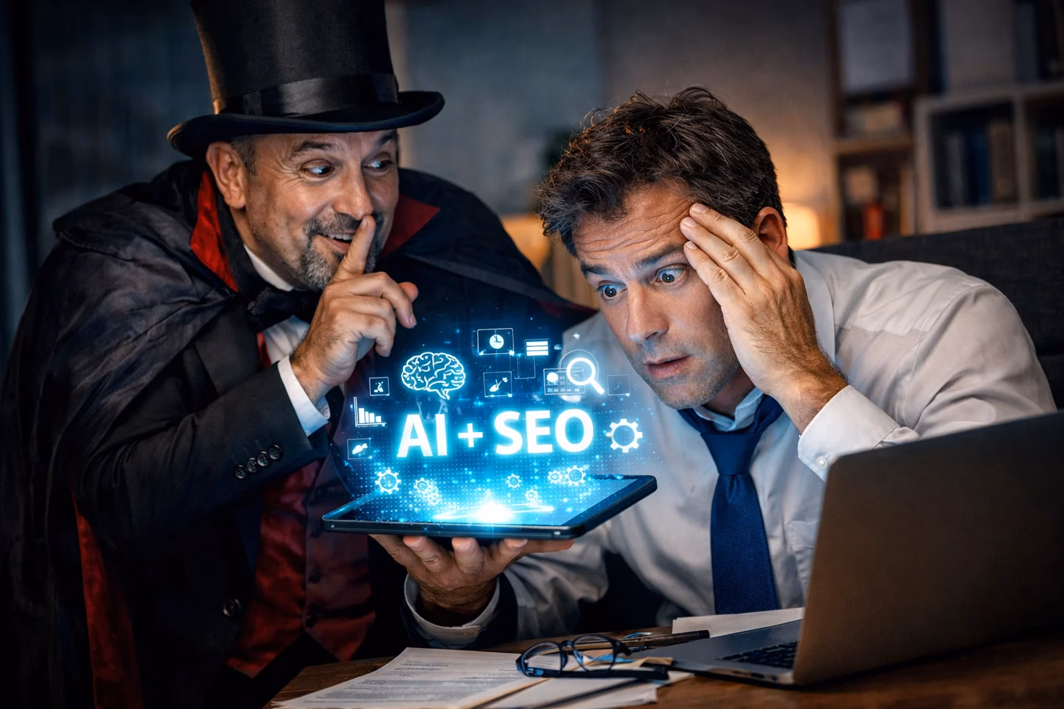 A man in a suit looks stressed while holding a glowing laptop displaying AI SEO. Next to him, a magician gestures for silence, adding mystery to the shift from traditional SEO to cutting-edge technology. - Lead Experts