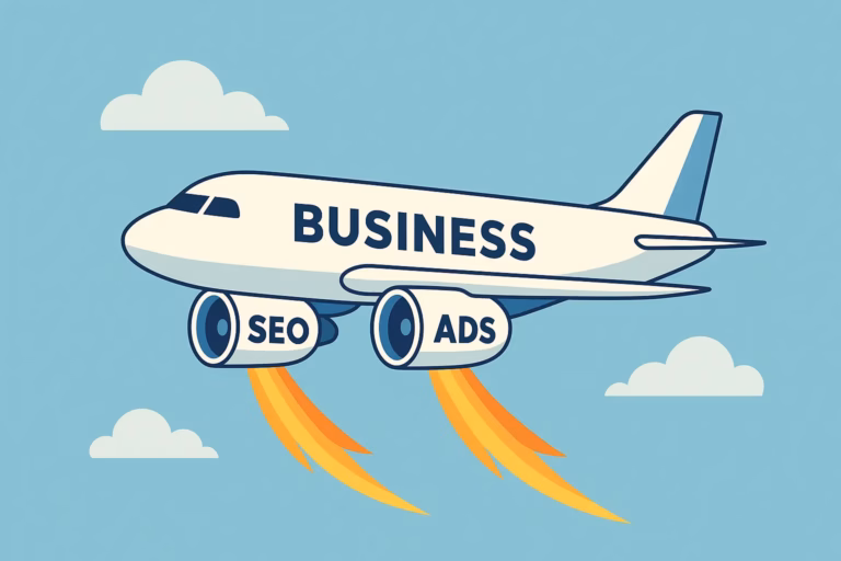 Illustration of an airplane labeled BUSINESS flying with engines labeled traditional SEO and ADS, emitting flames, symbolizing how lead generation soars when using SEO and ads. Blue sky and clouds in the background. - Lead Experts