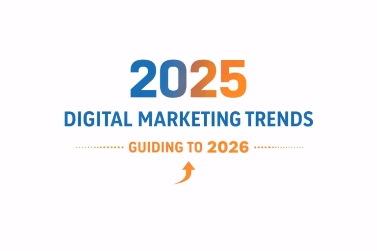 Text graphic reads 2025 Digital Marketing Trends Guiding to 2026, with 2025 and Guiding to 2026 in orange, and Digital Marketing Trends in blue on a white background. An orange arrow points upward, hinting at the rise of AI SEO alongside traditional SEO. - Lead Experts