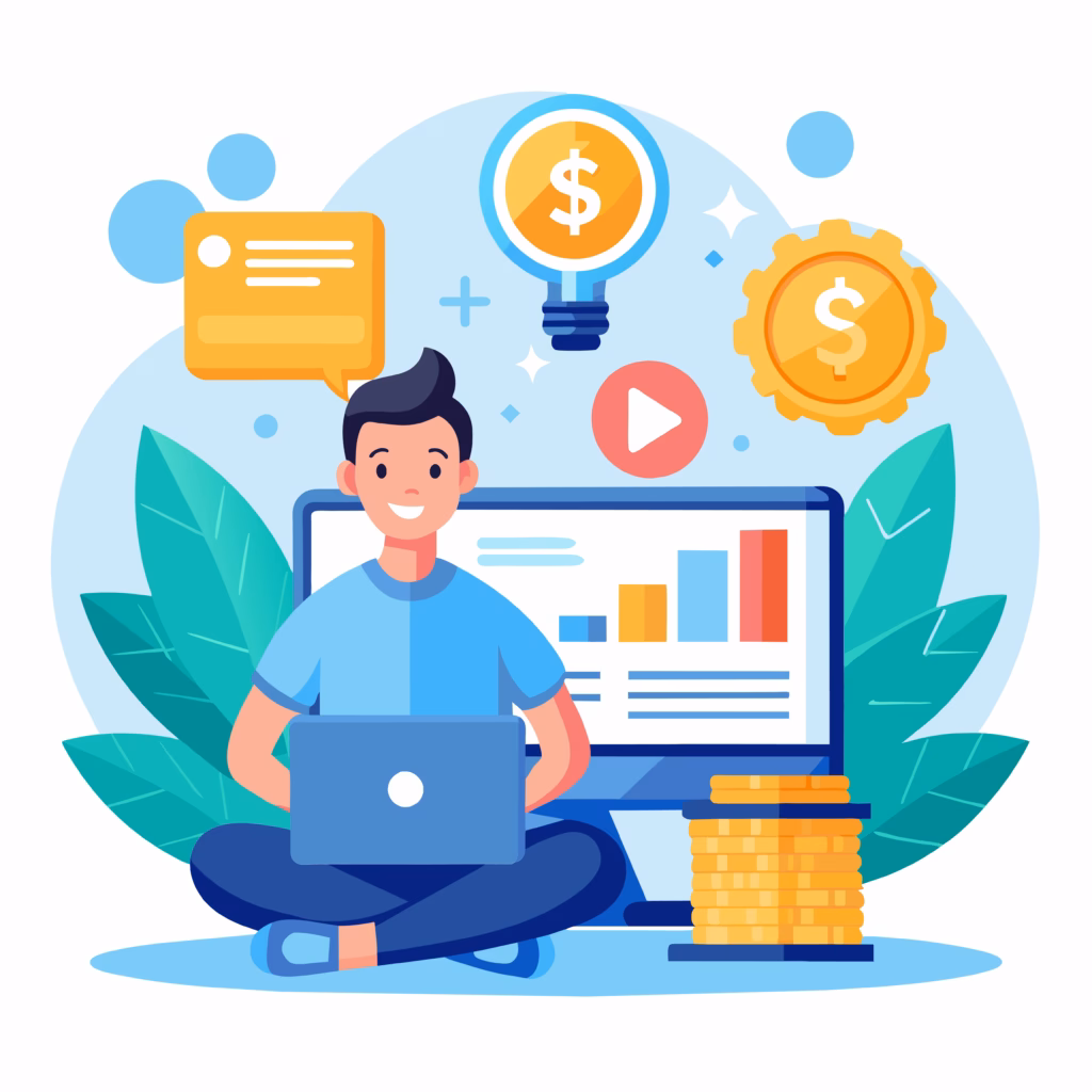 A smiling person sits cross-legged with a laptop, in front of a screen displaying graphs. Stacks of coins, a lightbulb with a dollar sign, and chat bubbles surround them, highlighting online business, finance, and the benefits when you hire PPC experts. - Lead Experts