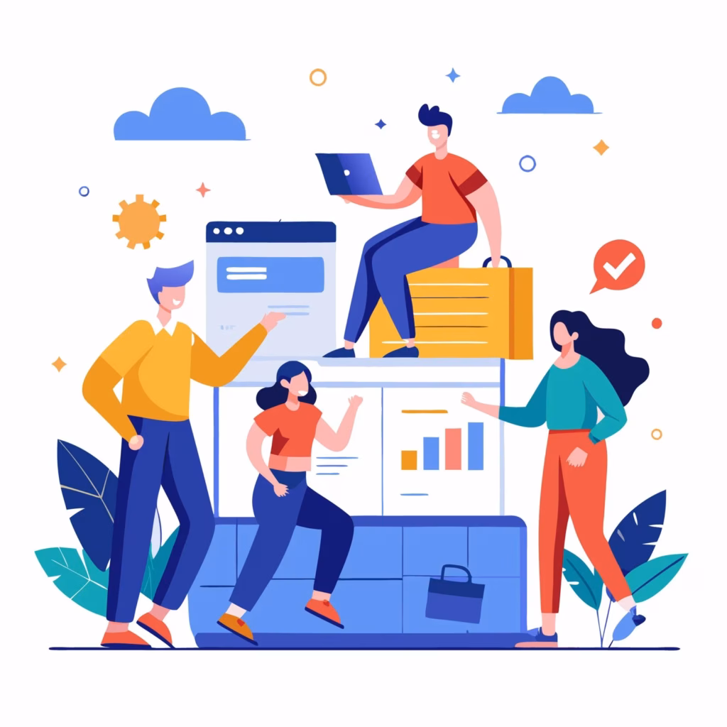 Illustration of four people collaborating in front of digital charts and browser windows. One person sits on a file folder with a laptop, while the others discuss Hire PPC strategies and interact with the data and graphics around them. - Lead Experts