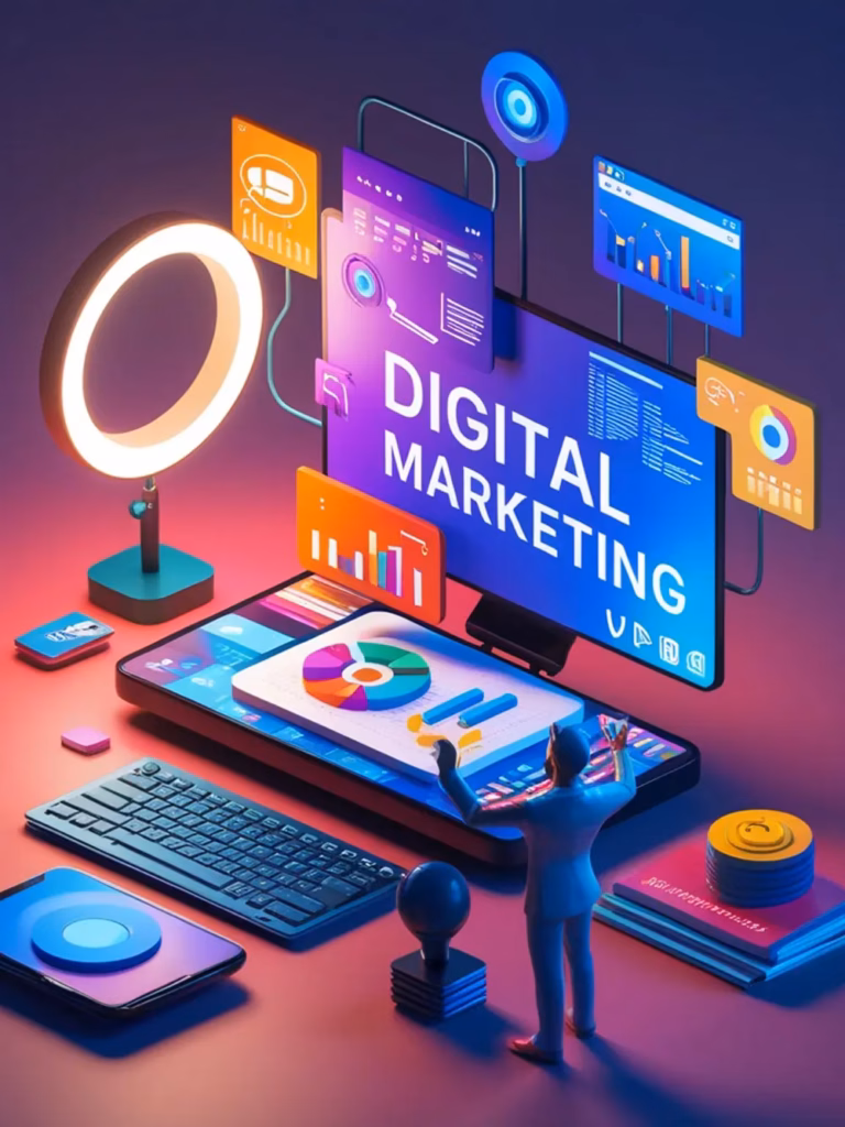 A 3D illustration of a desk setup with a computer screen displaying digital marketing services, surrounded by graphs, charts, a ring light, keyboard, phone, and a small figure analyzing data. - Lead Experts