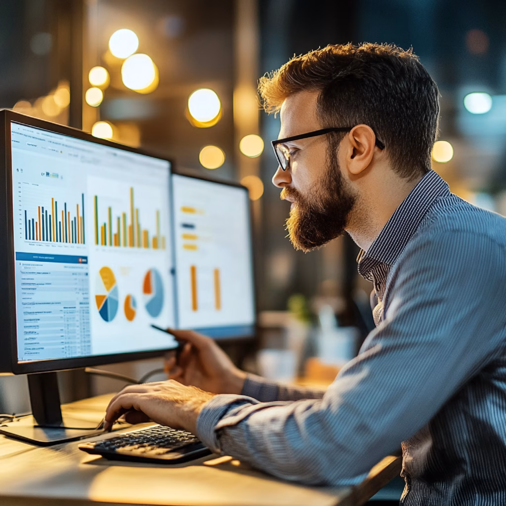 A man with a beard and glasses analyzes data charts on dual monitors in a modern office, using a keyboard and pen. The colorful bar and pie graphs suggest he might hire SEO experts to boost digital performance amidst warm, blurred lights. - Lead Experts