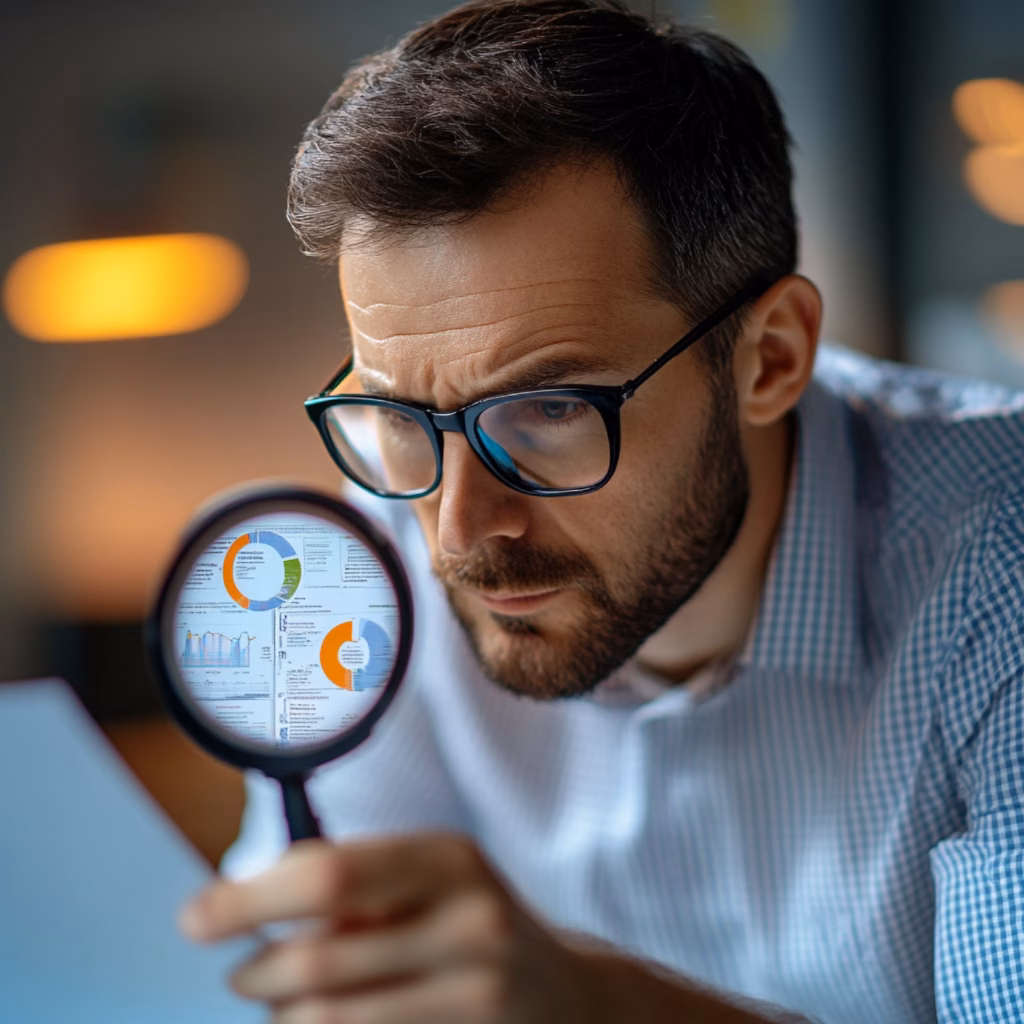 A man with glasses examines a document showing colorful graphs and charts through a magnifying glass, focusing intently in a softly lit office while considering the best strategy to hire SEO professionals. - Lead Experts