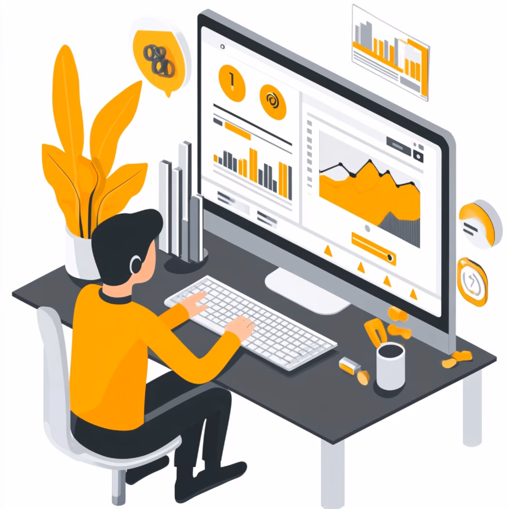 Illustration of a person sitting at a desk, working on a computer displaying data charts and graphs—perfect for those looking to hire PPC experts. The scene features yellow and gray tones, with office plants and stationery on the desk. - Lead Experts