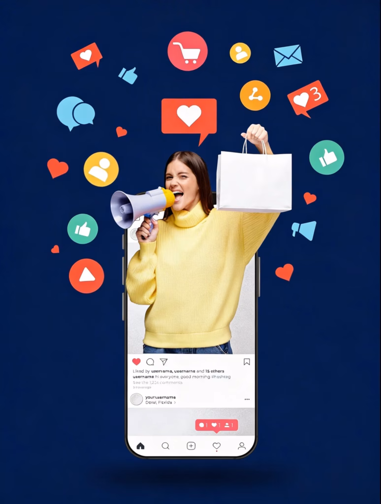 A woman in a yellow sweater holds a shopping bag and speaks into a megaphone, standing inside a phone screen—perfectly capturing the dynamic energy of a social media marketing company—with icons like hearts, comments, and shopping carts floating around her. - Lead Experts