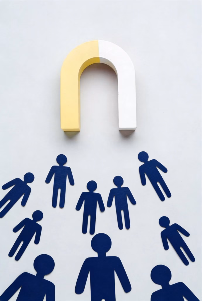 A yellow and white horseshoe magnet is positioned above several blue paper cutouts of people, symbolizing how lead generation services attract and engage potential clients or customers. - Lead Experts