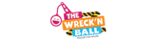 Logo for The Wreckn Ball Indoor Playground featuring a cartoon wrecking ball with a smiley face, bold colorful text, and caution stripes—perfect for a digital marketing agency seeking playful branding. - Lead Experts
